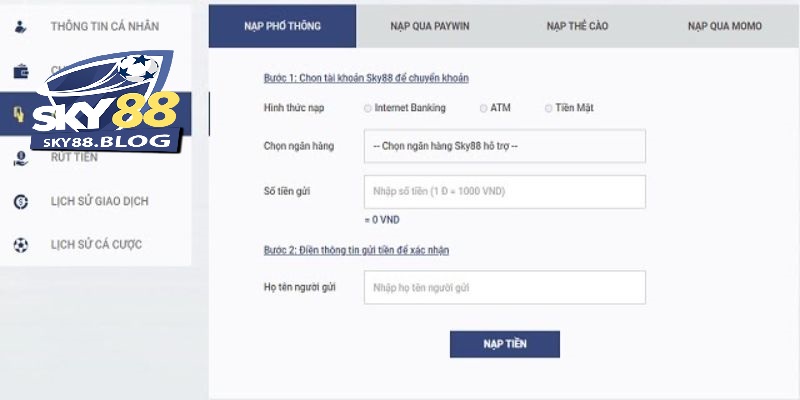 Nạp tiền Sky88 qua ngân hàng