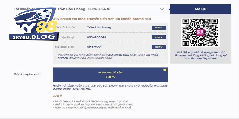 Nạp tiền Sky88 bằng app Momo