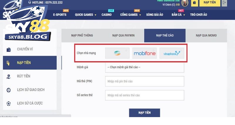 Nạp tiền Sky88 bằng thẻ cào